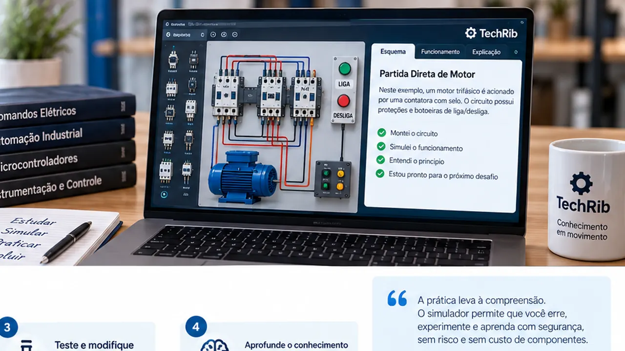 Ambiente de estudo com simulador de comandos elétricos, painel e motor