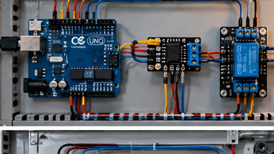 Arduino conectado a módulos de interface e relés em painel de automação