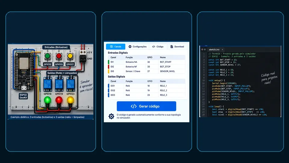 Circuito ESP32, mapeamento de GPIOs e código gerado em três etapas