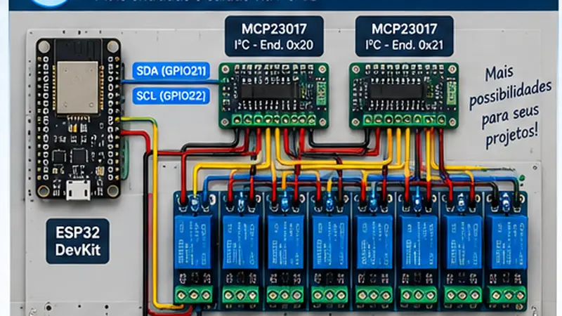 ESP32 + 2× MCP23017 — 16 entradas + 16 saídas