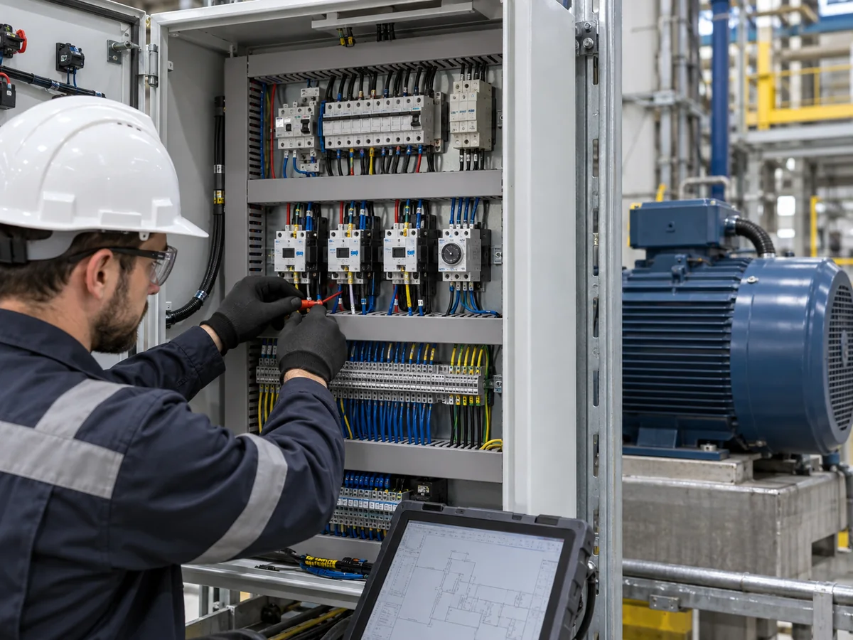 Painel de comando elétrico com componentes industriais e motor