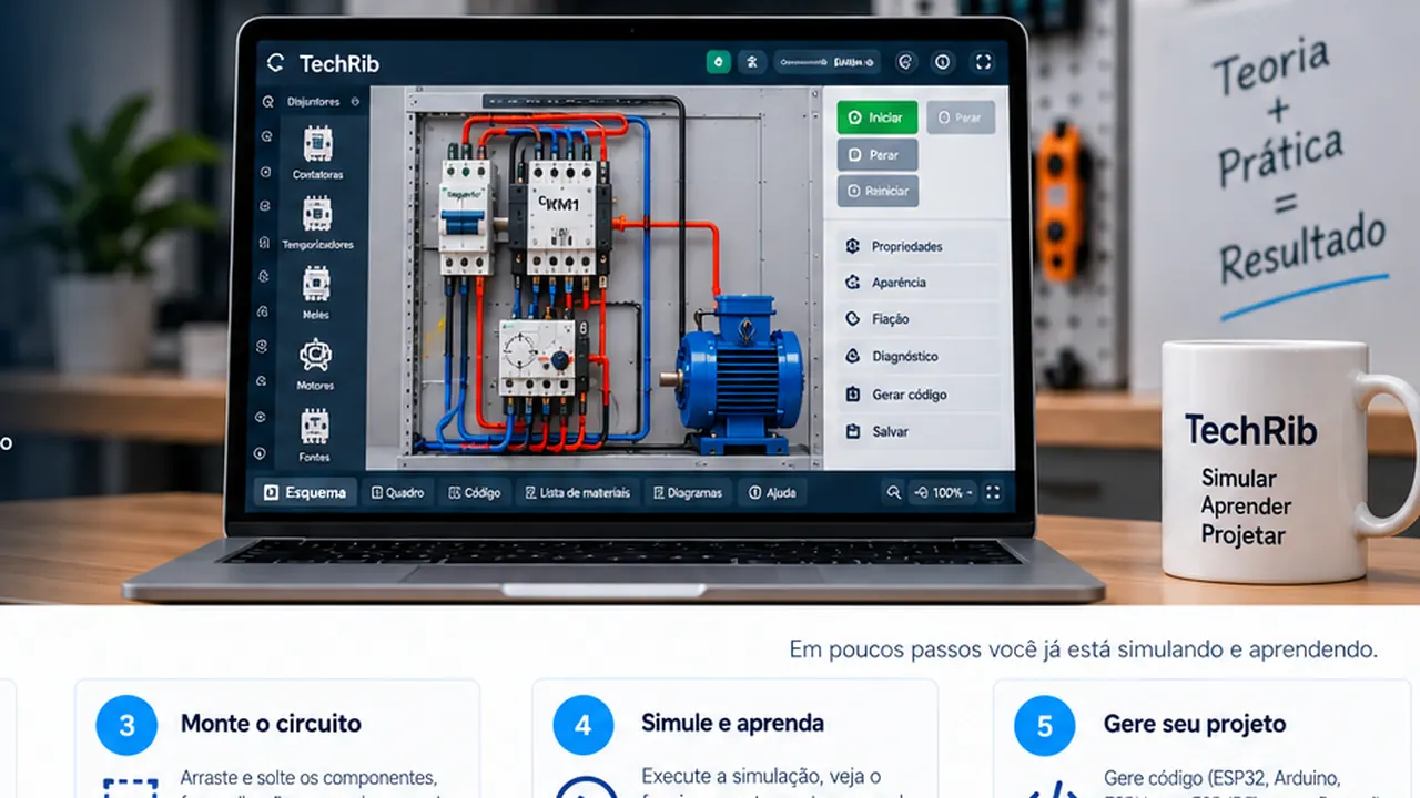 Interface do TechRib mostrando uma prancha de comando com componentes, ligações e motor