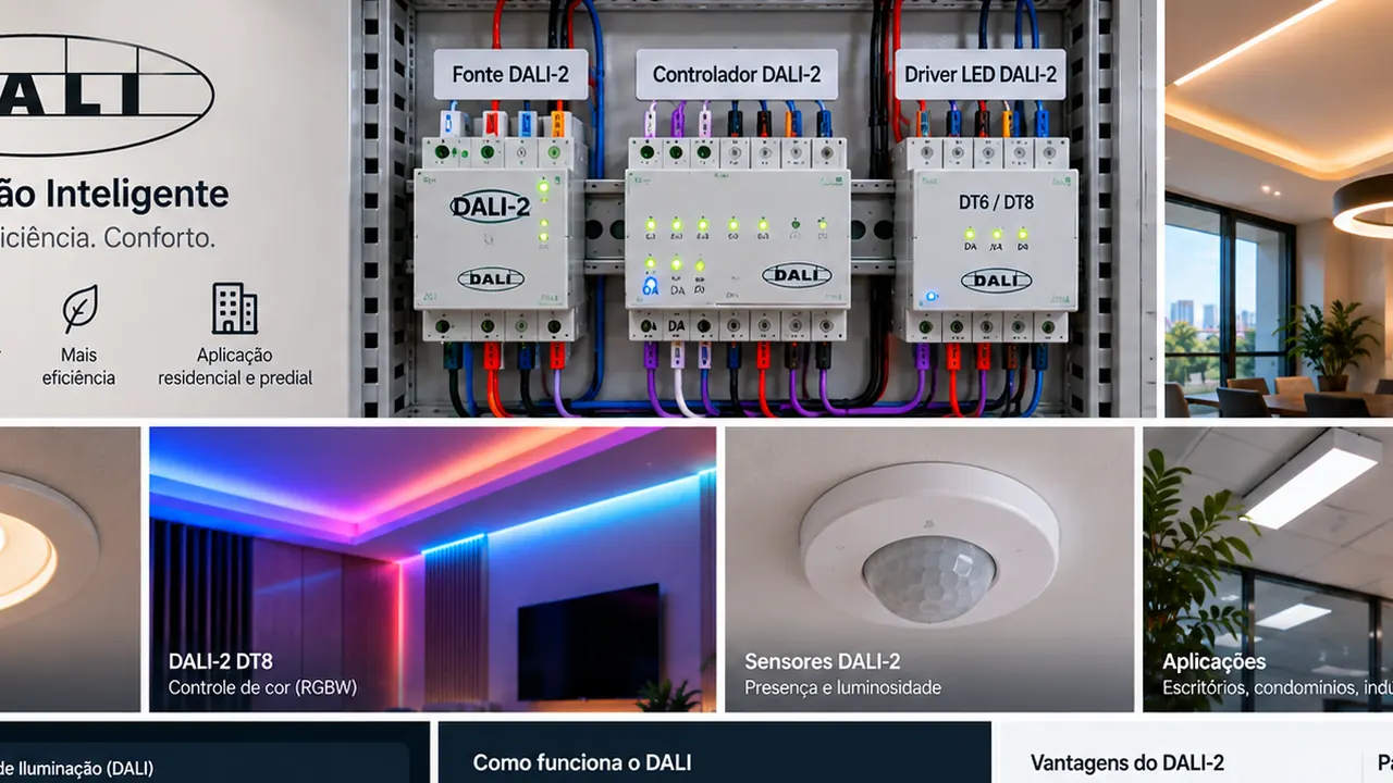 Sistema DALI-2 com controlador, drivers, sensores e iluminação em ambiente predial