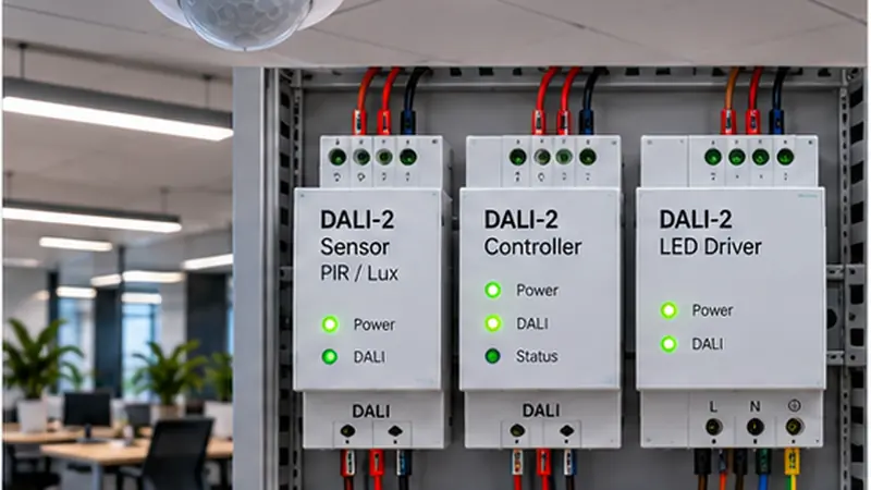 DALI-2 — Sensor PIR/Lux → Controller → LED Driver