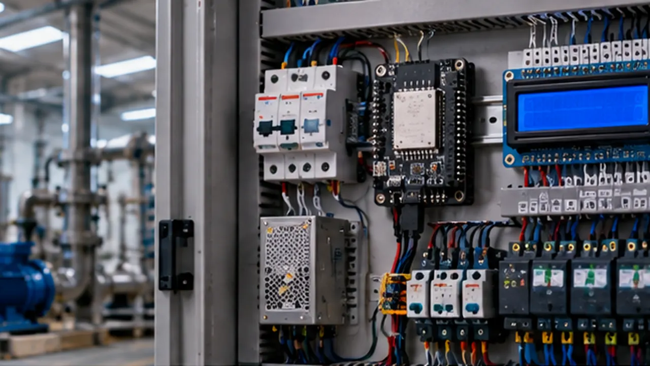 Painel de automação com ESP32, relés, display e cargas industriais