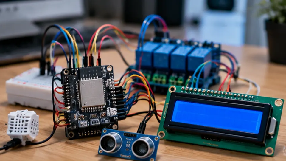 ESP32 conectado a sensores, display e módulos de relé em bancada de automação