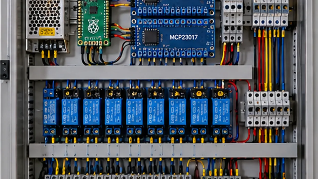 Painel com microcontrolador, expansores MCP23017, relés e terminais de entrada e saída