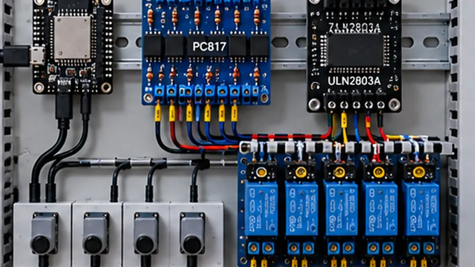 Painel com PC817, ULN2803A, módulos de relé e botoeiras