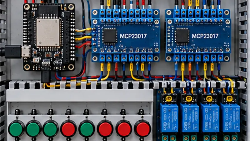 ESP32 + 2× MCP23017 — 16 entradas + 16 saídas