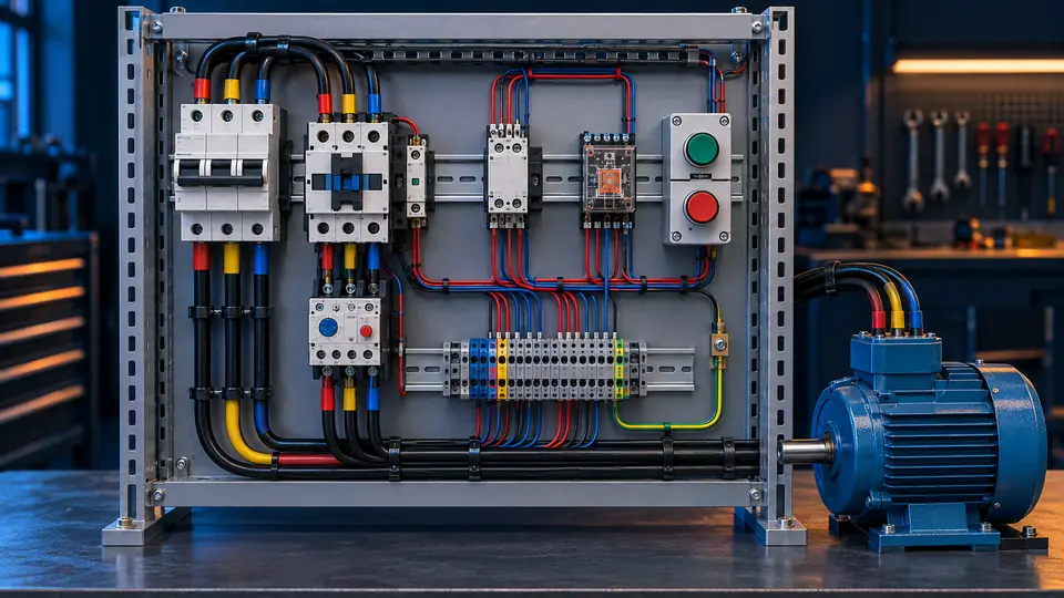 Painel realista reunindo circuito de comando, proteção, contator e motor trifásico