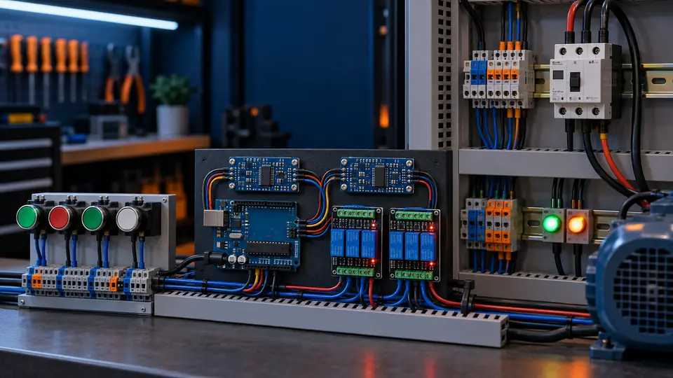 Montagem realista com Arduino, expansores de entradas, relés e painel elétrico