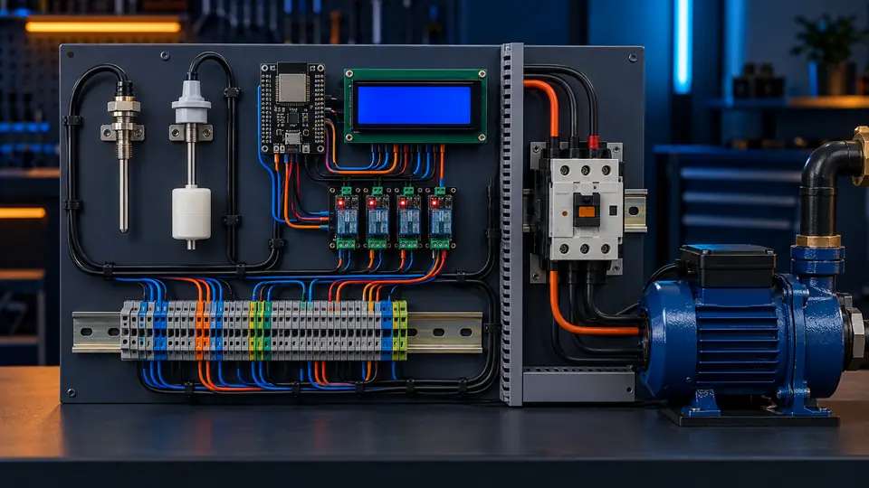 Montagem realista com ESP32, sensores, relés, contator e bomba