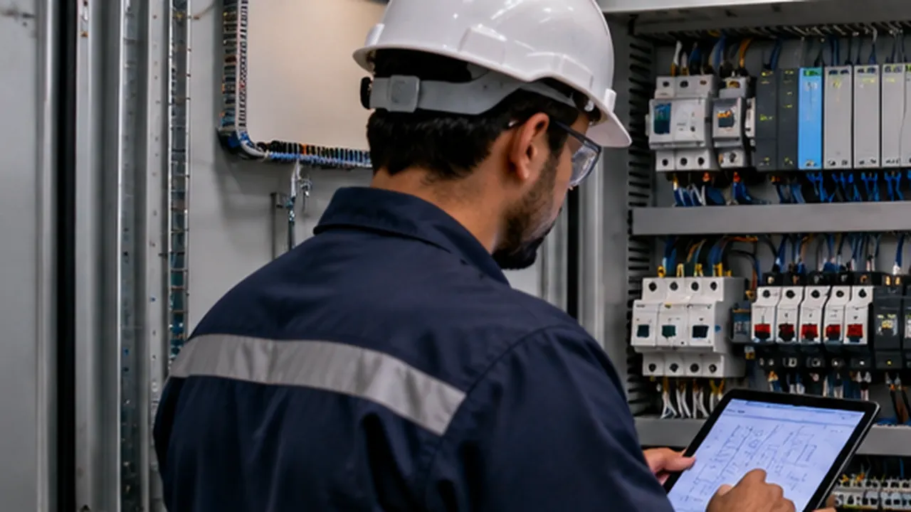 Técnico analisando painel de automação industrial em ambiente de produção