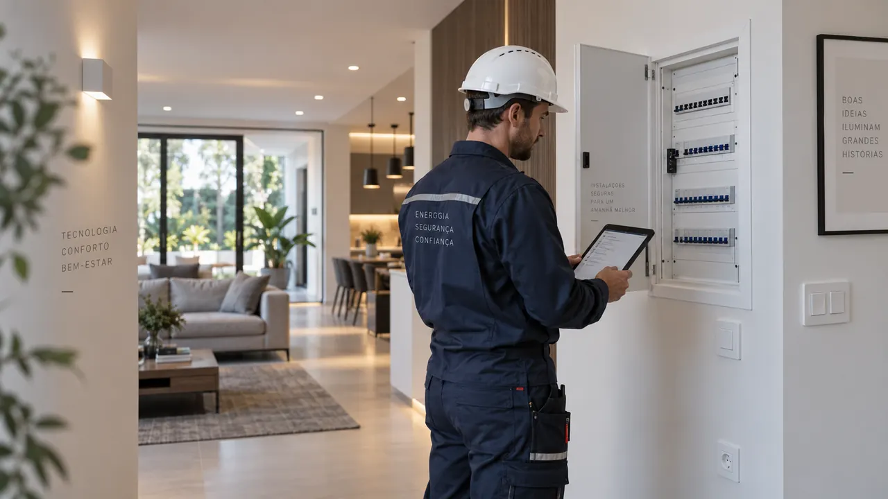 Técnico inspecionando um quadro de distribuição de instalação elétrica