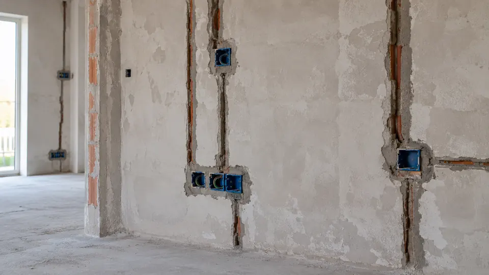 Eletricista verificando eletrodutos, caixas e pontos de uma instalação elétrica