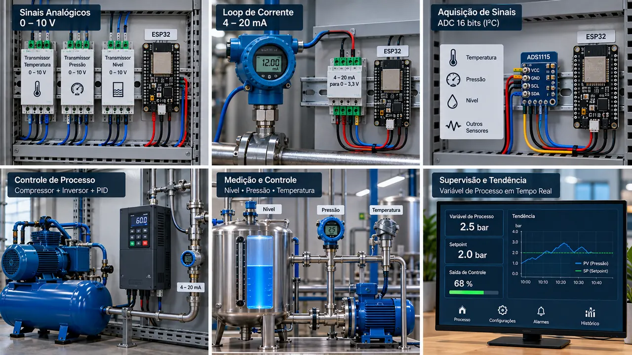 Instrumentação industrial com sinais 0–10 V, 4–20 mA, ADC e controle de processo