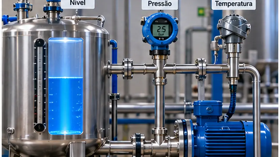 Processo industrial com medição de nível, pressão e temperatura