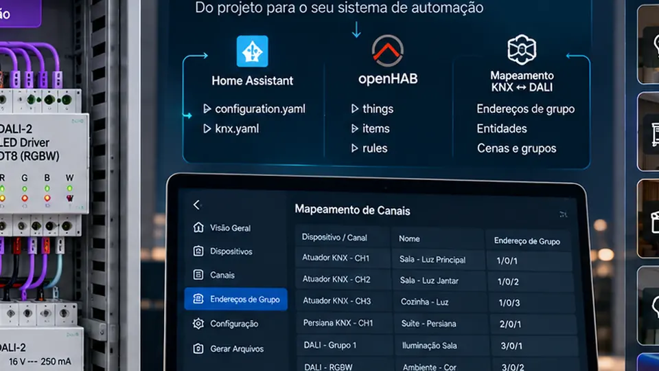 Fluxo visual da topologia KNX e DALI até arquivos de configuração e plataforma de automação