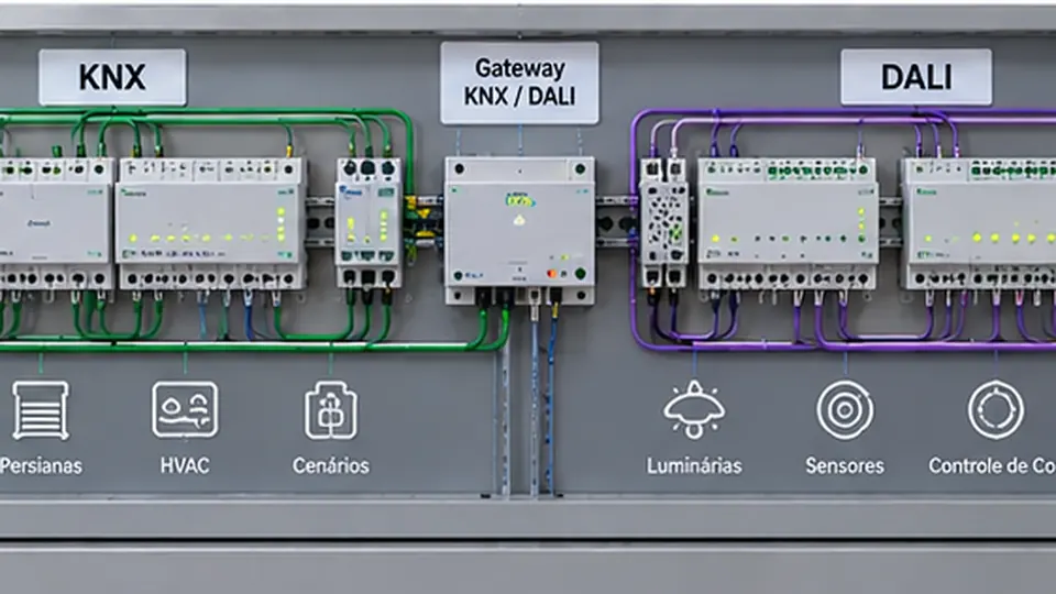 Painel com KNX, gateway KNX DALI e dispositivos DALI organizados em uma instalação predial