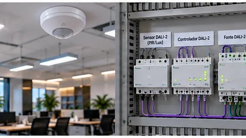 DALI-2 — Sensor PIR/Lux → Controlador → Driver LED
