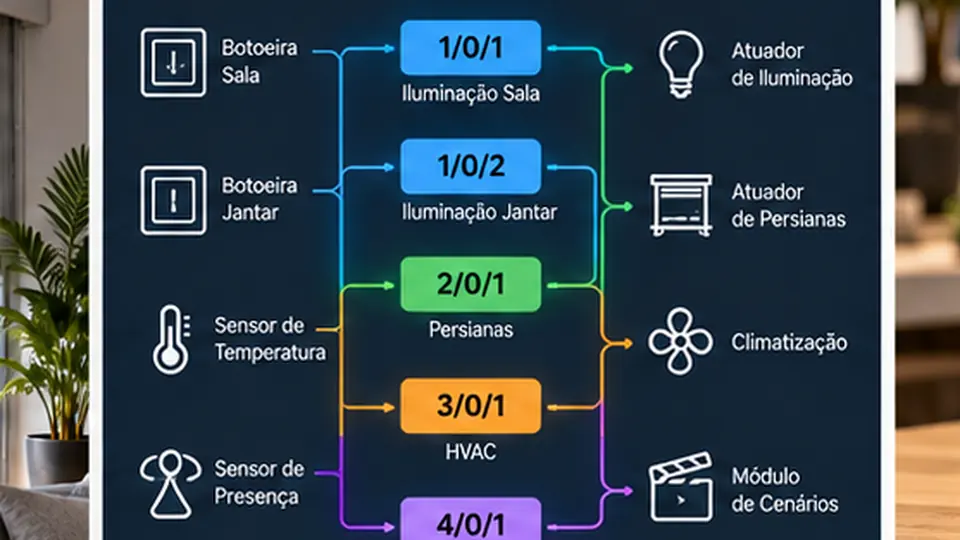 Diagrama visual de endereços de grupo KNX ligando comandos a iluminação, persianas e climatização