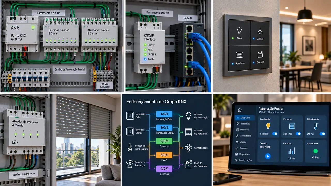 Painel de automação KNX com barramento, atuadores e integração IP