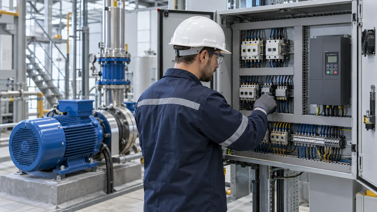 Técnico analisando um painel industrial de acionamento ao lado de um motor elétrico