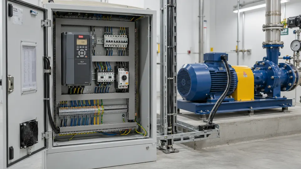 Painel elétrico com inversor de frequência e motor industrial em um ambiente de processo