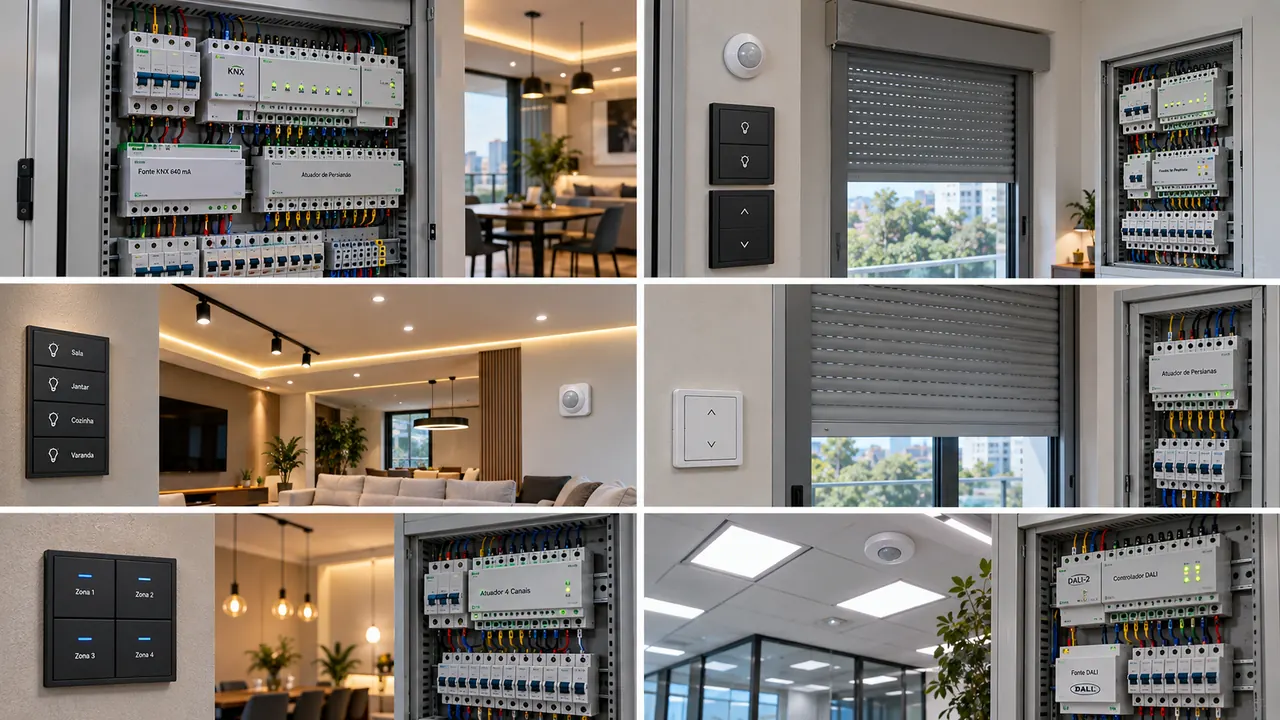 Automação residencial com persiana, iluminação e painel de controle predial