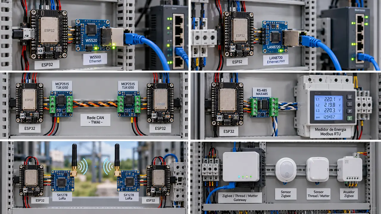 Painel de automação com controlador, módulos de comunicação e interfaces de rede