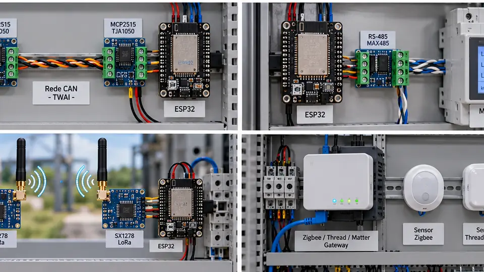 Controlador com módulos Ethernet, barramento e interfaces de comunicação em painel de automação